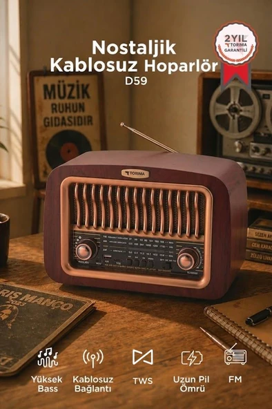 Bluetooth Hoparlör Nostaljik Radyo Kablosuz Speaker D59 Kahverengi ürün görseli 1