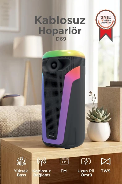 Bluetooth Hoparlör Rgb Işıklı Parti Speaker D69 Siyah ürün görseli 1