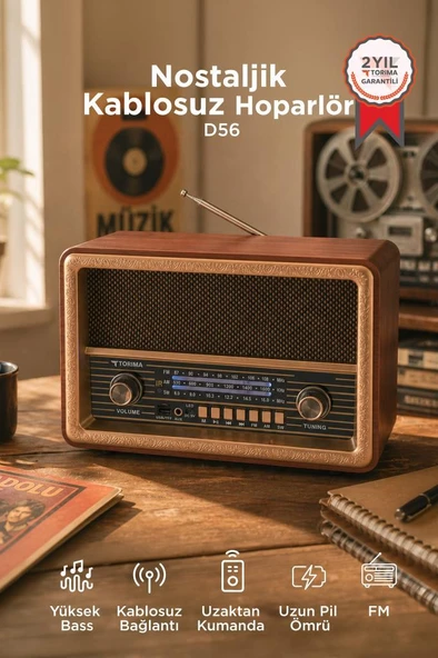 Bluetooth Hoparlör Nostaljik Radyo Uzaktan Kumandalı TWS USB TF Destekli Speaker D56 Ahşap ürün görseli 1