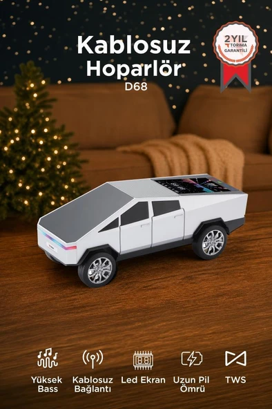 Bluetooth Hoparlör Retro Araba CyberTruck Tasarımlı Rgb Işıklı TWS USB 15W Speaker D68 Beyaz ürün görseli 1