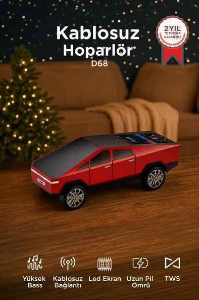 Bluetooth Hoparlör Retro Araba CyberTruck Tasarımlı Rgb Işıklı TWS USB 15W Speaker D68 Kırmızı ürün görseli 1