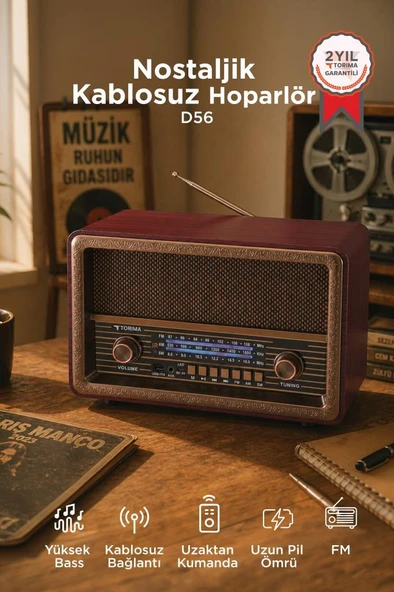 Bluetooth Hoparlör Nostaljik Radyo Uzaktan Kumandalı TWS USB TF Destekli Speaker D56 Kahverengi ürün görseli 1