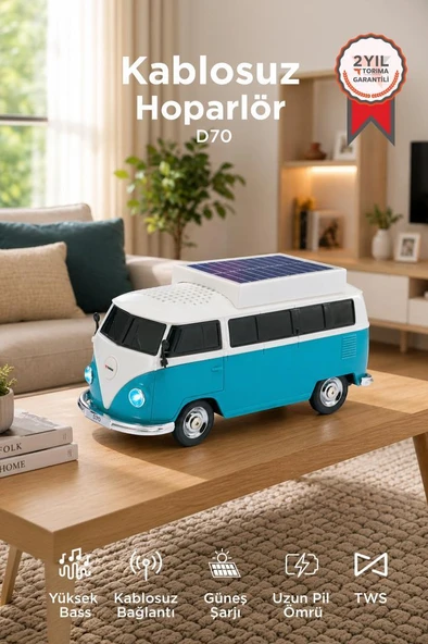 Bluetooth Hoparlör Retro Araba Vosvos Tasarımlı Solar Şarjlı Speaker D70 Yeşil ürün görseli 1