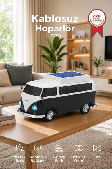 Bluetooth Hoparlör Retro Araba Vosvos Tasarımlı Solar Şarjlı Speaker D70 Siyah ürün görseli 1