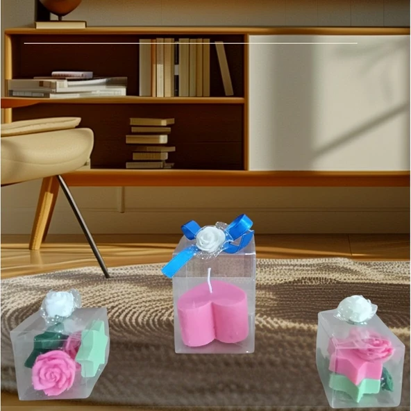 5cm-5cm ebatlarda Kokulu Doğal pembe-yeşil renk 3 lü Dekoratif  mum ürün görseli 1