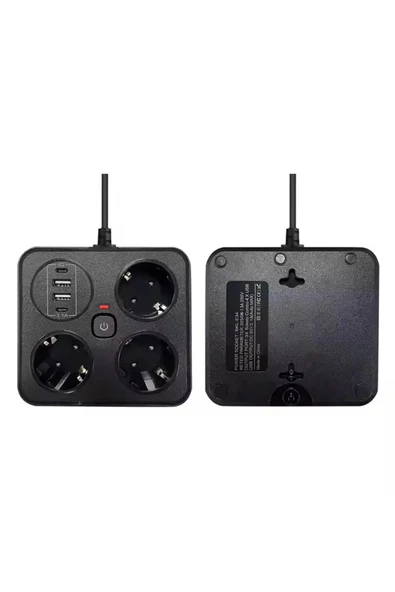 Akım Korumalı Anahtarlı Priz - 3x Priz - 2x Usb - 2x Type-c - 2 Mt Kablo Hızlı Şarj Özellikli Siyah ürün görseli 1