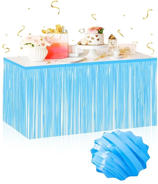 Kendinden Yapışkanlı Makaron Mavi Püsküllü Masa Eteği – 75 X 275 Cm Parti Süslemesi ürün görseli 1