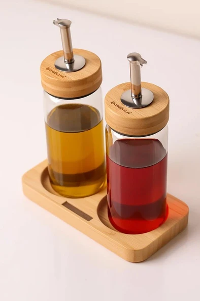 Bambu Kapaklı Cam Yağlık & Sirkelik Seti – 2'li Standlı 200ml ürün görseli 1