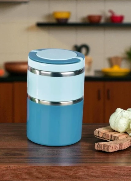 Tohana kulplu çelik sefer tası - yemek termosu saklama kabı 2 katlı mavi 930 ml. ürün görseli 1