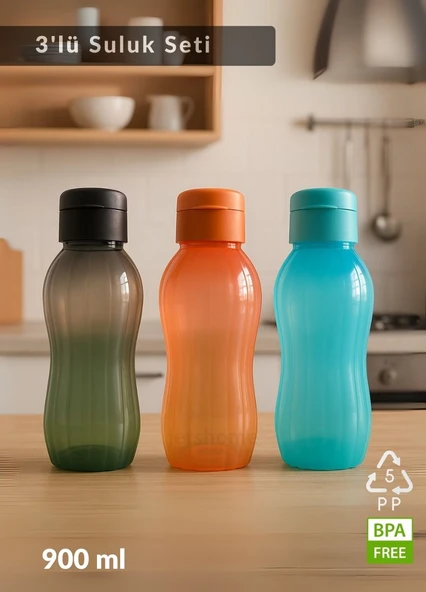 Suluk 3'lü Set Su Şişesi BPA Free Okul Suluğu PP-5 Suluk Spor Okul Ofis Suluğu Siyah-Turuncu-Mavi 900 ml ürün görseli 1