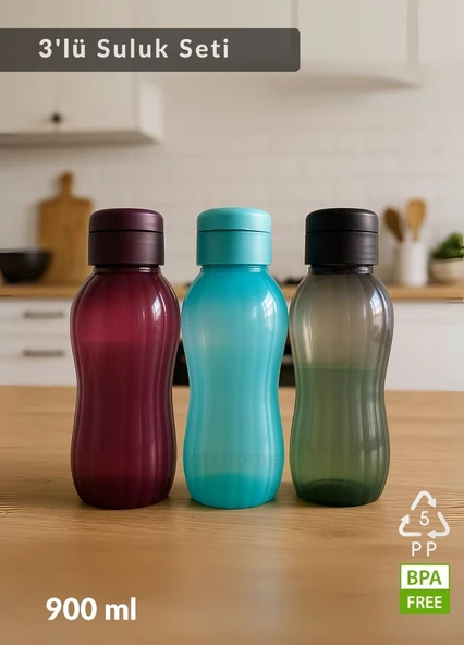 Suluk 3'lü Set Su Şişesi BPA Free Okul Suluğu PP-5 Suluk Spor Okul Ofis Suluğu Siyah-Bordo-Mavi 900 ml ürün görseli 1