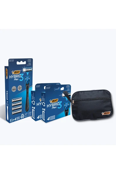 Bic Flex 3 Hybrid 3 Bıçaklı Erkek Tıraş Bıçağı, 1 Sap + 12 Yedek Başlık + Çanta 12 Aylık Paket ürün görseli 1
