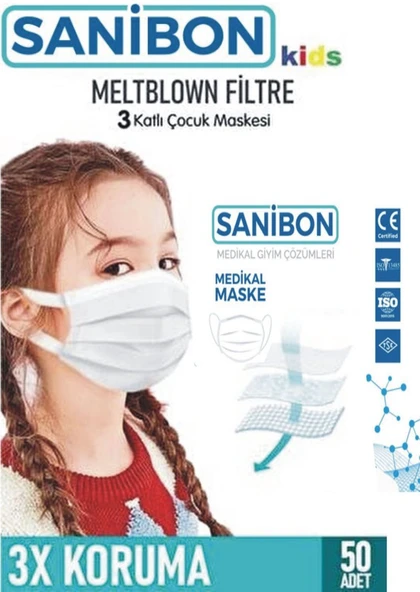 Sanibon Elastik Kulaklı Çocuk Maskesi Beyaz 50 Adet ürün görseli 1