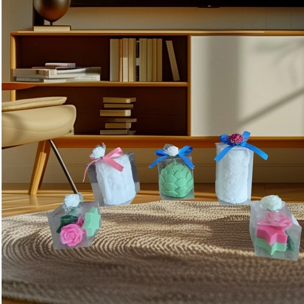 Taçlı prenses ıstiridye yıldız gül vesalıncak daki çocıklar figürlü Kokulu Doğal 5lı Dekoratif  mum ürün görseli 1