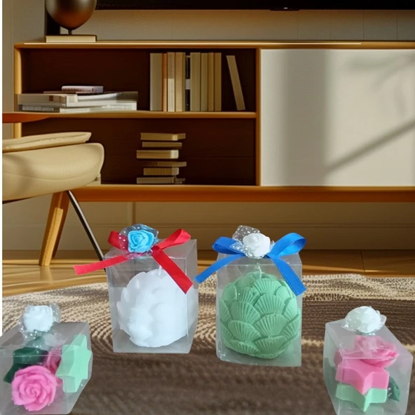 istiridye görünümlü Kokulu Yeşil beyaz pembe renk Doğal yapım 4lü Dekoratif  mum ürün görseli 1