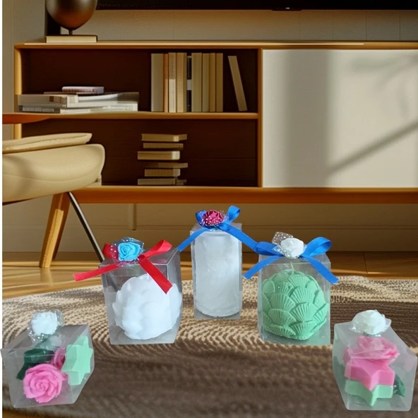 Taçlı prenses ıstiridye ve yıldız gül  görünümlü Kokulu Doğal beyaz pembe yeşil renk 6lı Dekoratif  mum ürün görseli 1