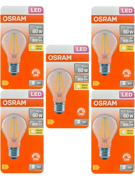 (5 Adet) Osram 6,5W (60W) 2700K (Sarı Işık) Dim Edilebilir E27 Duylu (Kalın Duy) Led Şeffaf Ampul ürün görseli 1