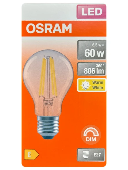 (1 Adet) Osram 6,5W (60W) 2700K (Sarı Işık) Dim Edilebilir E27 Duylu (Kalın Duy) Led Şeffaf Ampul ürün görseli 1