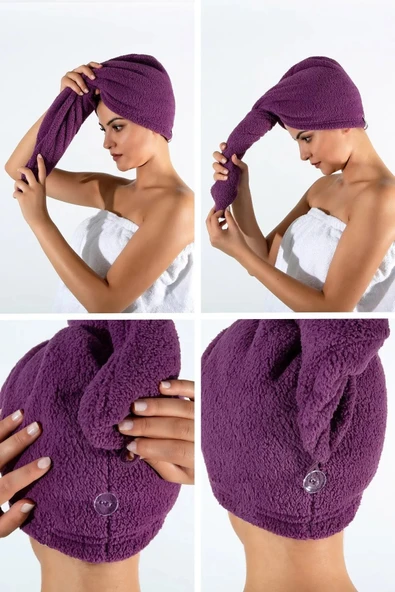 2 Adet Mor Mikrofiber Düğmeli Lastikli Banyo Pilaj Havuz Saç Bonesi Saç Havlusu ürün görseli 1