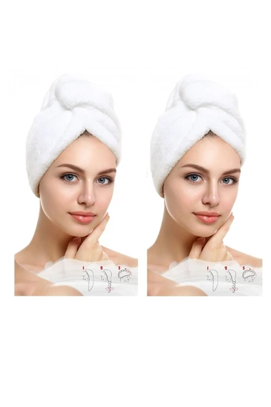 2 Adet Beyaz Mikrofiber Düğmeli Lastikli Banyo Pilaj Havuz Saç Bonesi Saç Havlusu ürün görseli 1