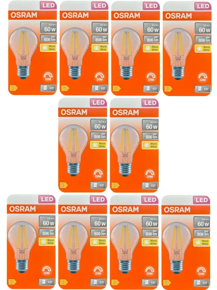 (10 Adet) Osram 6,5W (60W) 2700K (Sarı Işık) Dim Edilebilir E27 Duylu (Kalın Duy) Led Şeffaf Ampul ürün görseli 1