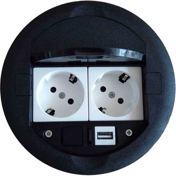 NE-AD Masa Üstü Priz Kutusu Gömme Tip Siyah + 2 Ad. Priz + 1 Ad. USB Geçiş ürün görseli 1