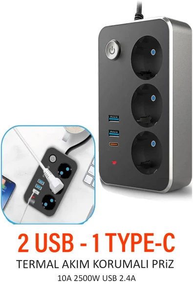 EXENAR USB Type-C Priz Dönüştürücü Şarj Adaptörü Priz-2 USB-1 Type-C 2 M Kablo Girişli Çoklu Fiş 2500W ürün görseli 1