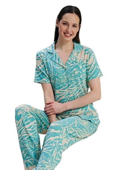 Kadın Pijama Takımı Kısa Kollu Düğmeli Viskon Mira Model S/XL ürün görseli 1