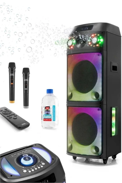 EXENAR Büyük Boy Bluetooth Hoparlör Speaker 12"x2 100W WOOFER 2 Mikrofon Hoparlör 9000mAh Baloncuklu Ledli ürün görseli 1