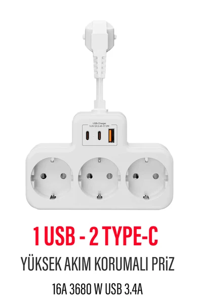 EXENAR Çoklu Kablolu Priz -Priz Çoğaltıcı-Priz Dönüştürücü 1USB - 2Type-C Girişli Yüksek Akım Korumalı Fiş ürün görseli 1