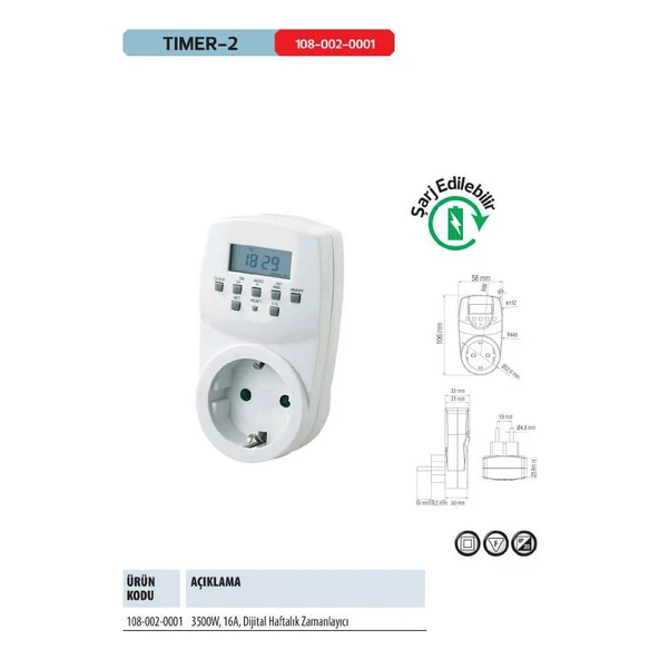 Horoz Elektrik Horoz Timer-2 Dijital Ayar Zaman Saati Prizi Rolesi Haftalık 20 Programlı Açma-Kapama ürün görseli 1