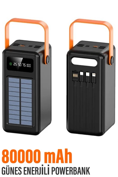 EXENAR Güneş Enerjili 80.000 mAh Powerbank Hızlı Şarj Kamp Ledli Işıklı Powerbank Kendinden Kablolu Solar ürün görseli 1
