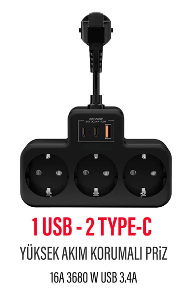 EXENAR Çoklu Kablolu Priz -Priz Çoğaltıcı-Priz Dönüştürücü 1USB - 2Type-C Girişli Yüksek Akım Korumalı Fiş ürün görseli 1