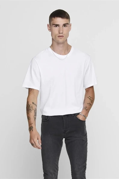 Only&sons 22002973 0 Yaka Erkek Tshirt - Ekru ürün görseli 1