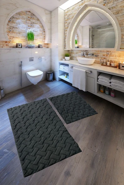 Desenli Tavşan Tüyü Yumuşak 2’li Banyo Paspası – Kaymaz Tabanlı Klozet Takımı Antrasit ürün görseli 1