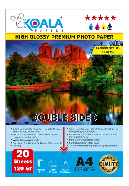 Koala Papers Canon E414 Yazıcı için Pg-46 Cl-56 ile uyumlu Premium Parlak Çift Taraflı double Side A4 Fotoğraf kağıdı 120 gr. 20 Adet ürün görseli 1