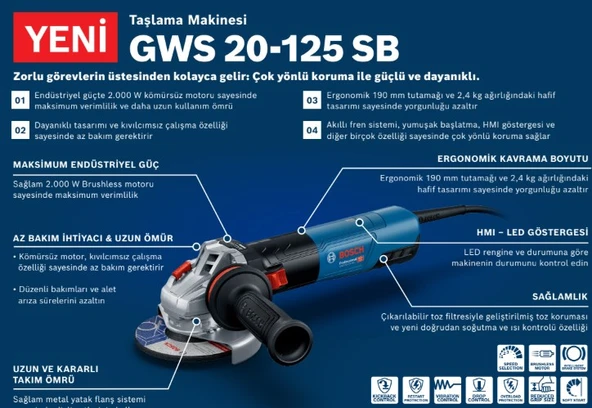 Bosch Profesyonel GWS 20-125 SB - 2.000 W ürün görseli 1