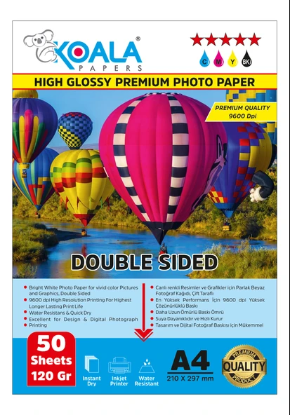 Koala Papers Canon İX6850 550XL ile uyumlu Premium Parlak Çift Taraflı double Side A4 Fotoğraf kağıdı 120 gr. 50 Adet ürün görseli 1