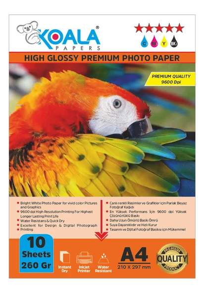 Koala Papers Canon İX6850 550XL ile uyumlu Premium Parlak Çift Taraflı double Side A4 Fotoğraf kağıdı 260 gr. 10 Adet ürün görseli 1