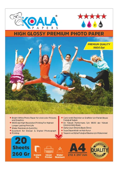 Koala Papers Canon İX6850 550XL ile uyumlu Premium Parlak Çift Taraflı double Side A4 Fotoğraf kağıdı 260 gr. 20 Adet ürün görseli 1