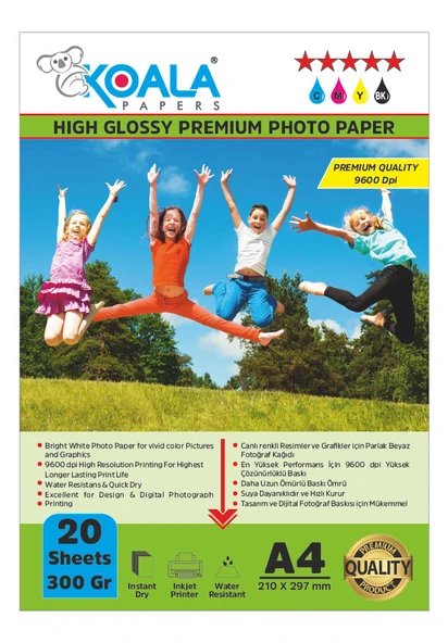 Koala Papers Canon İX6850 550XL ile uyumlu Premium Parlak Çift Taraflı double Side A4 Fotoğraf kağıdı 300 gr. 20 Adet ürün görseli 1
