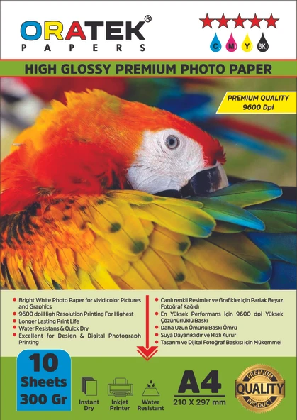 Oratek Epson 103 L3111 Fotoğraf Kağıdı A4 Premium Parlak Çift Taraflı 300 gr.10 Adet ürün görseli 1