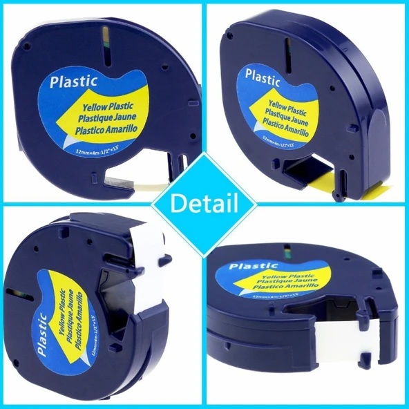 Puun DYMO Muadil LetraTag bant 91202 (91332 91222 59423) Sarı Plastik Etikete Siyah 4m x 12mm 4 adet ürün görseli 1