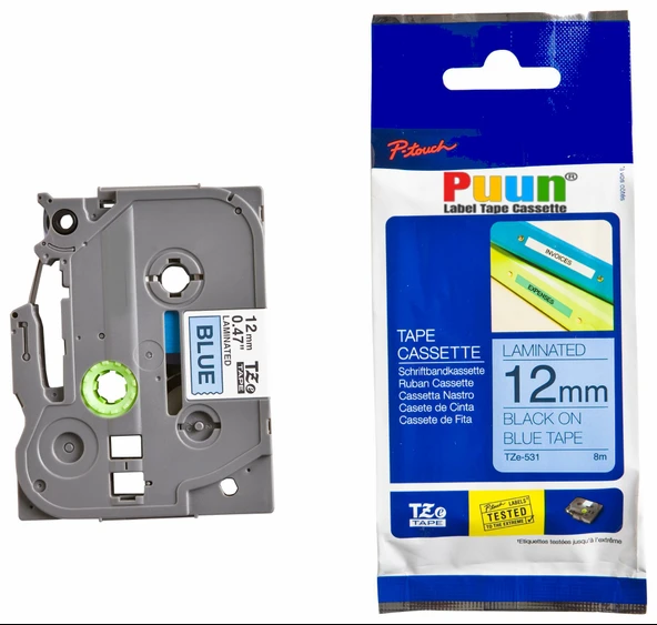 Puun Puun Brother P-Touch TZE-531 12mm X 8m Mavi Üzerine Siyah Muadil Laminasyon Etiket Şeridi ürün görseli 1