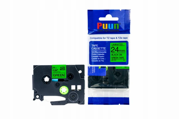 Puun Puun Brother P-Touch TZE-D51 24mm X 8m Fosforlu Yeşil Green Üzerine Siyah Muadil Laminasyon Etiket Şeridi ürün görseli 1