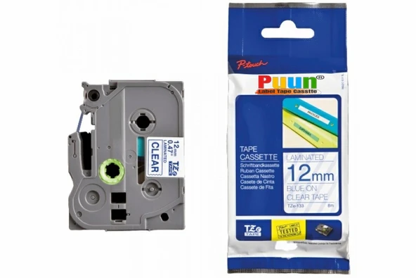 Puun Puun Brother P-Touch TZE-133 12mm X 8m Şeffaf Üzerine Mavi Muadil Laminasyon Etiket Şeridi ürün görseli 1