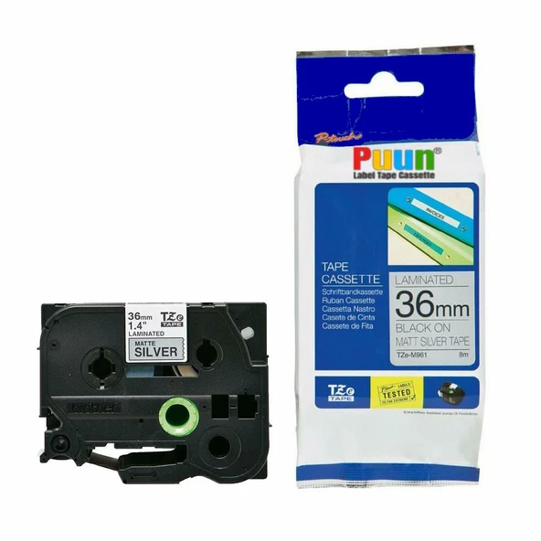 Puun Puun Brother P-Touch TZE-M961 36mm X 8m Mat Gümüş Üzerine Siyah Muadil Laminasyon Etiket Şeridi ürün görseli 1