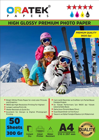Oratek Epson 103 L3150 Fotoğraf Kağıdı A4 Premium Parlak Çift Taraflı 300 gr.50 Adet ürün görseli 1