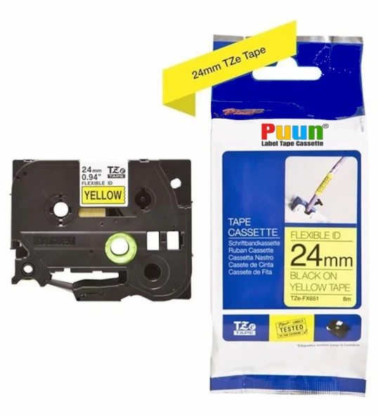 Puun Puun Brother P-Touch TZE-FX651 24mm X 8m Sarı Üzerine Siyah Esnek Muadil Laminasyon Etiket Şeridi ürün görseli 1