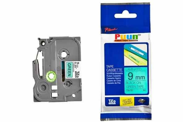 Puun Puun Brother P-Touch TZE-721 9mm X 8m Yeşil Üzerine Siyah Muadil Laminasyon Etiket Şeridi ürün görseli 1